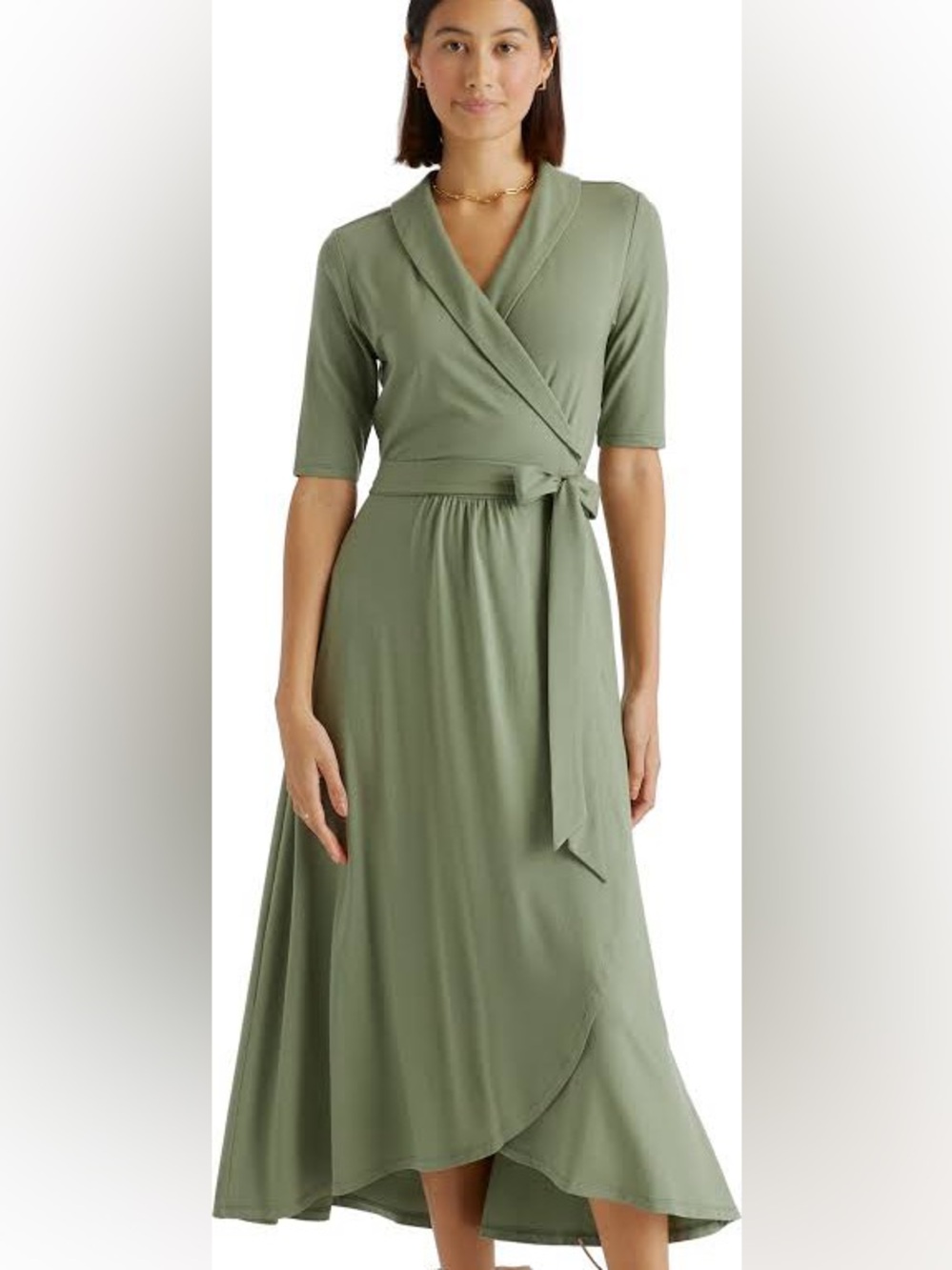 NWT Quince Tencel Jersey Midi Wrap Dress Sage Collar Knit Fall Comfy Casual